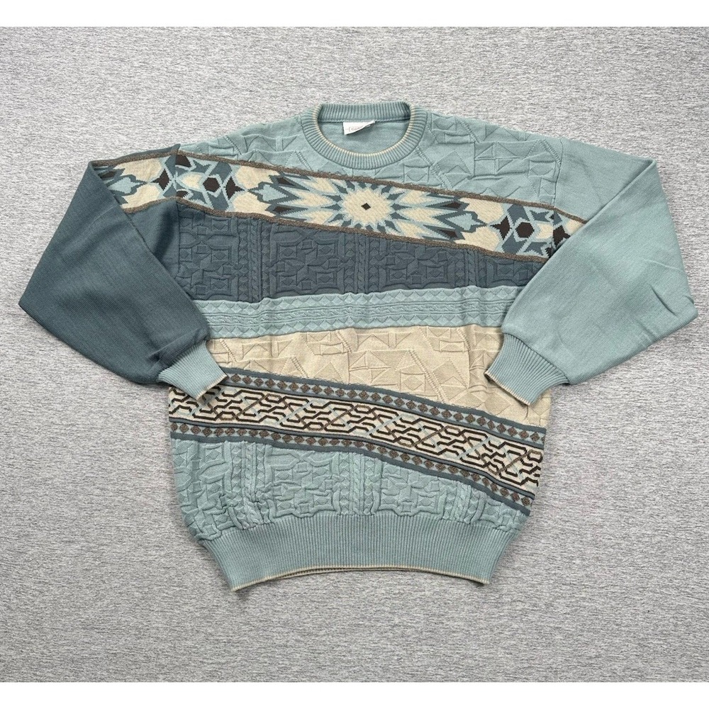 Gabicci Sweater Mens Medium Blue Wool Acrylic 3D Knit Italy Made Preppy Dad